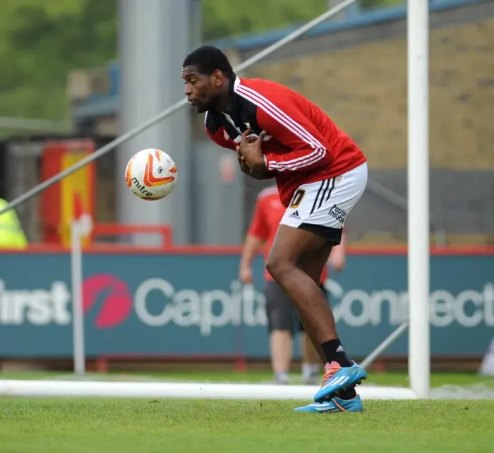 Framed Print : Jay Emmanuel-Thomas Unconventional Role: Goalkeeper Warm-Up for Bristol City at Stevenage, 2014 Framed Print : Jay Emmanuel-Thomas Unconventional Role: Goalkeeper Warm-Up for Bristol City at Stevenage, 2014