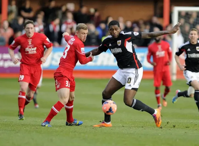 Framed Print : Jay Emmanuel-Thomas vs James Wren: Intense Battle for Ball Possession during Tamworth vs Bristol City FA Cup Match Framed Print : Jay Emmanuel-Thomas vs James Wren: Intense Battle for Ball Possession during Tamworth vs Bristol City FA Cup Match