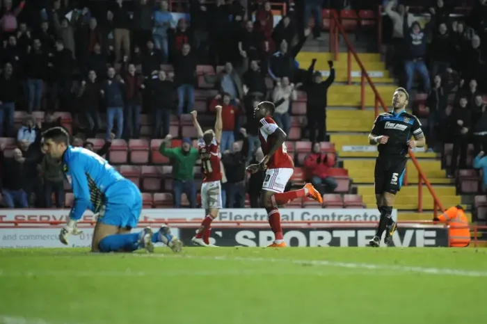 Framed Print : Jay Emmanuel-Thomas's Goal Celebration: Bristol City vs. Stevenage, Sky Bet League One, 2013