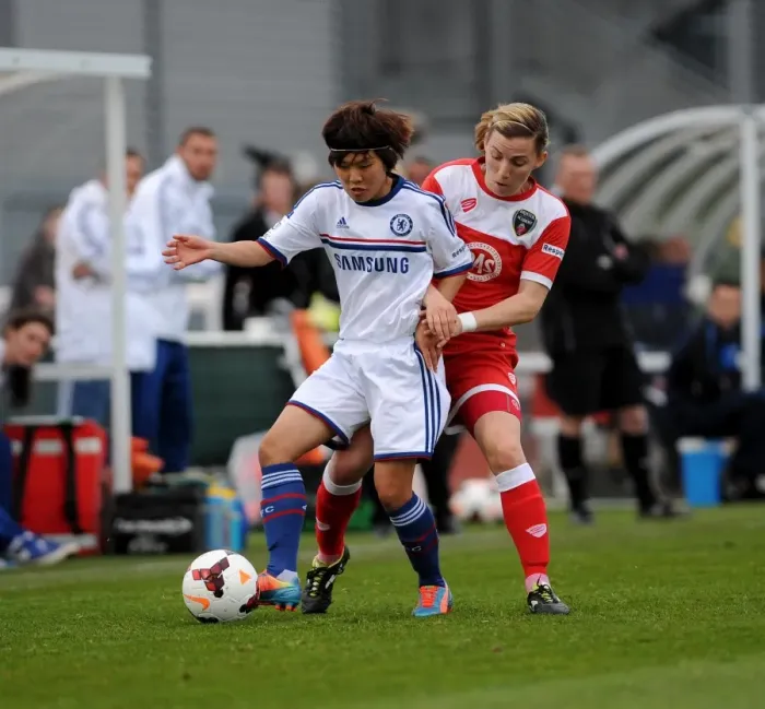 Framed Print : Ji So-Yun Holds Off Corinne Yorston: A Pivotal Moment in the FA WSL Clash Between Bristol Academy and Chelsea Ladies Framed Print : Ji So-Yun Holds Off Corinne Yorston: A Pivotal Moment in the FA WSL Clash Between Bristol Academy and Chelsea Ladies