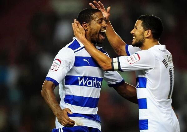 Jobi McAnuff and Mikele Leigertwood Celebrate Reading's Win over Bristol City in Championship Match, 2011