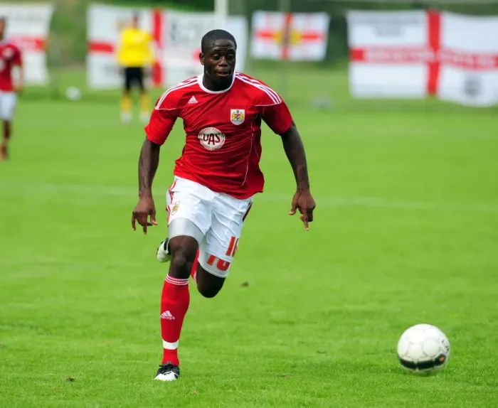Framed Print : John Akinde in Action: Vallens IF vs. Bristol City Framed Print : John Akinde in Action: Vallens IF vs. Bristol City