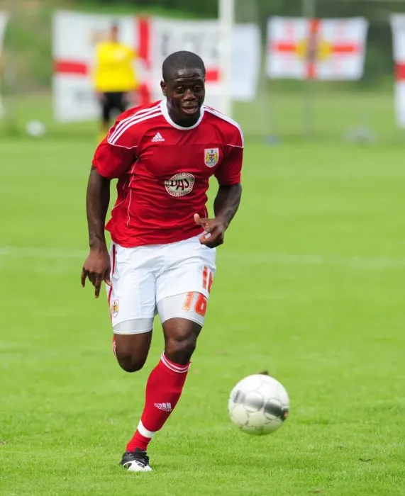 Framed Print : John Akinde in Action: Vallens IF vs. Bristol City