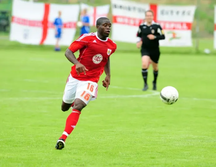 Framed Print : John Akinde in Action: Vallens IF vs. Bristol City