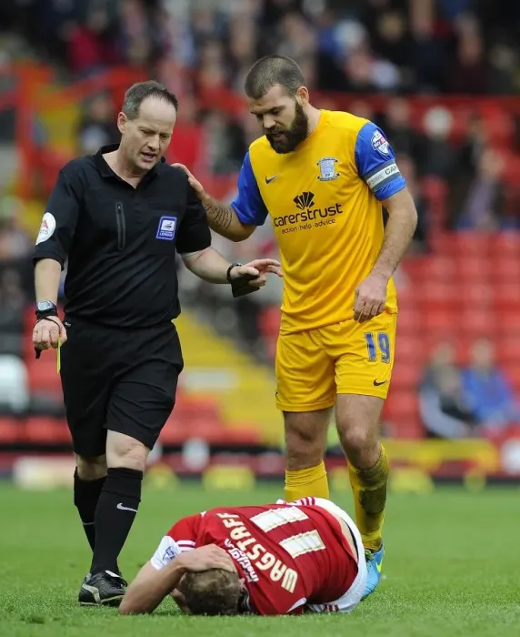 Framed Print : John Welsh Booked Amid Allegations: Bristol City vs Preston North End, 2014 (Sky Bet League One) Framed Print : John Welsh Booked Amid Allegations: Bristol City vs Preston North End, 2014 (Sky Bet League One)