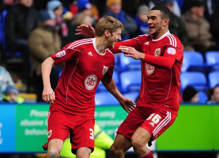 Framed Print : Jon Stead and Steven Caulker Celebrate for Bristol City in Championship Clash vs. Reading (December 26, 2010)