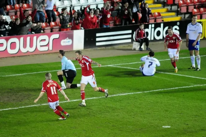 Framed Print : Jon Stead's Goal Celebration: Bristol City vs. Cardiff City, Ashton Gate Stadium, 10-03-2012 Framed Print : Jon Stead's Goal Celebration: Bristol City vs. Cardiff City, Ashton Gate Stadium, 10-03-2012
