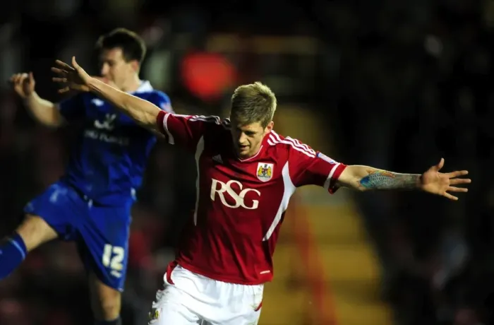 Framed Print : Jon Stead's Thrilling Goal Celebration: Bristol City vs. Leicester City at Ashton Gate Stadium