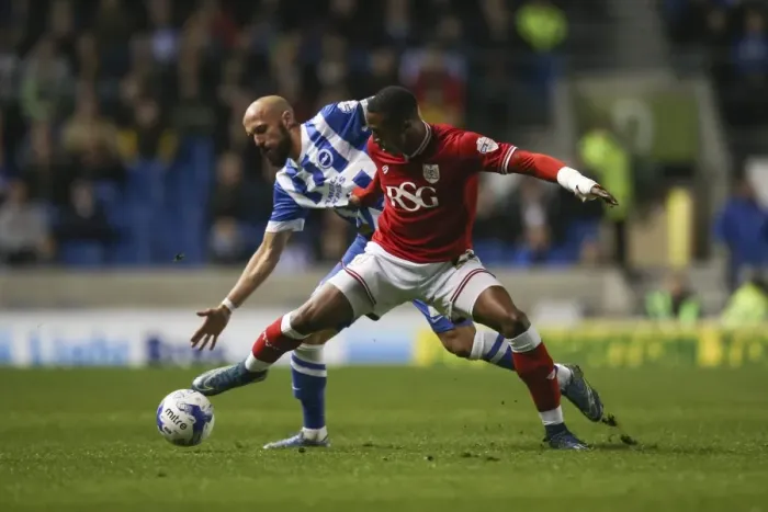 Framed Print : Jonathan Kodjia Blocks Bruno Saltor: Intense Moment from Brighton vs. Bristol City Championship Match, 2015