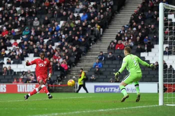 Framed Print : Jonathan Kodjia Scores Opening Goal for Bristol City against Milton Keynes Dons in 2016 Championship Match