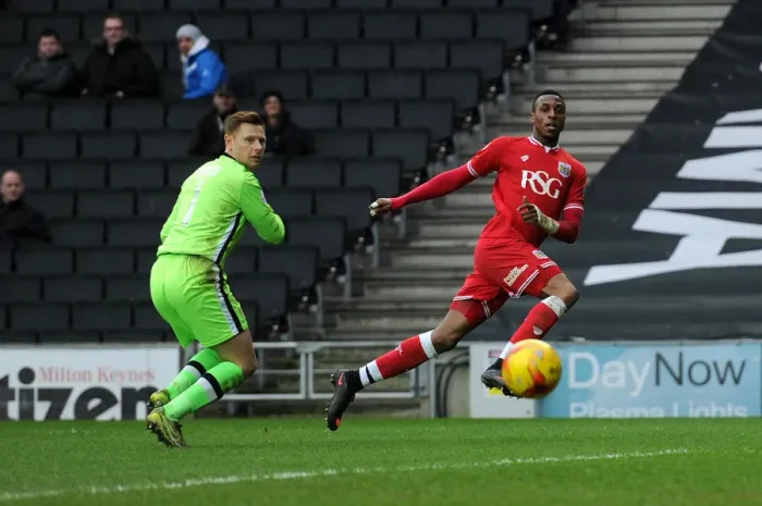 Framed Print : Jonathan Kodjia Scores the Second Goal: 2-0 for Bristol City against Milton Keynes Dons (2016 Sky Bet Championship)