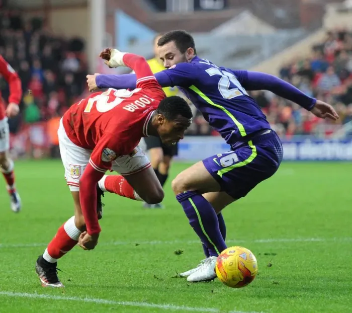 Framed Print : Jonathan Kodjia Slips Past Harry Lennon: A Pivotal Moment in the Bristol City vs Charlton Athletic Championship Clash (December 2015)