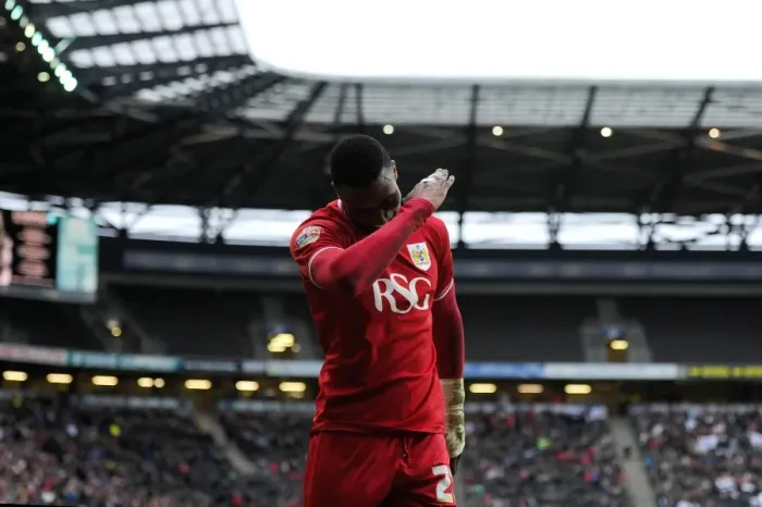 Framed Print : Jonathan Kodjia's Double Strike and Dab Celebration: Milton Keynes Dons vs. Bristol City, 2016