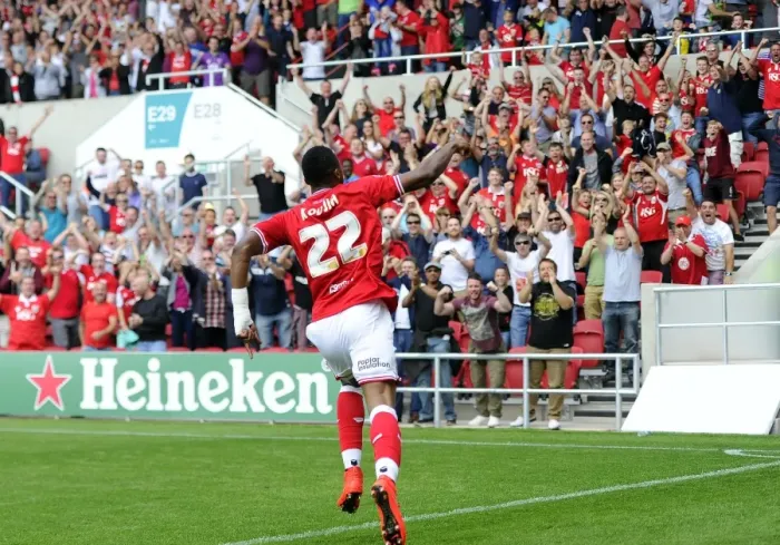 Framed Print : Jonathan Kodjia's Epic Goal Celebration: A Thrilling Moment from Ashton Gate - Bristol City's Triumph over Brentford (Sky Bet Championship)