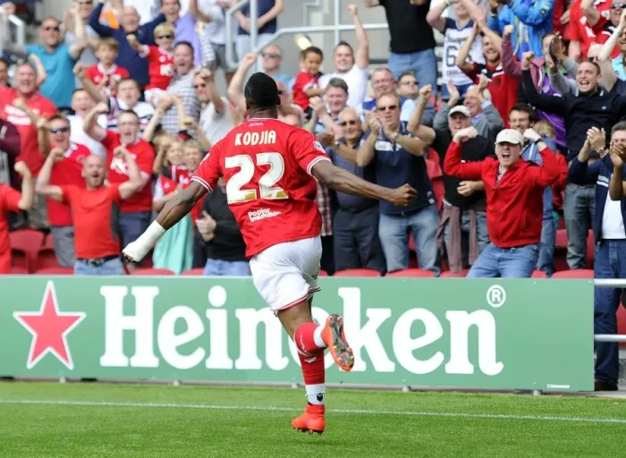 Framed Print : Jonathan Kodjia's Epic Goal Celebration: A Thrilling Moment from Bristol City's Sky Bet Championship Victory over Brentford Framed Print : Jonathan Kodjia's Epic Goal Celebration: A Thrilling Moment from Bristol City's Sky Bet Championship Victory over Brentford