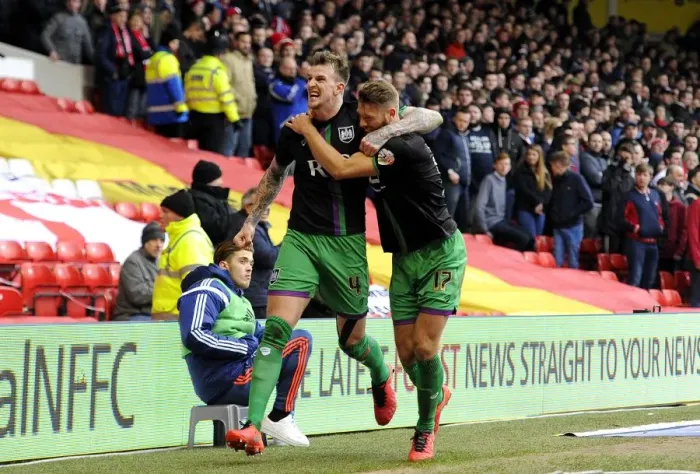 Framed Print : Jubilant Moment: Aden Flint and Nathan Baker's Celebration after Bristol City's Win at Nottingham Forest, 2016