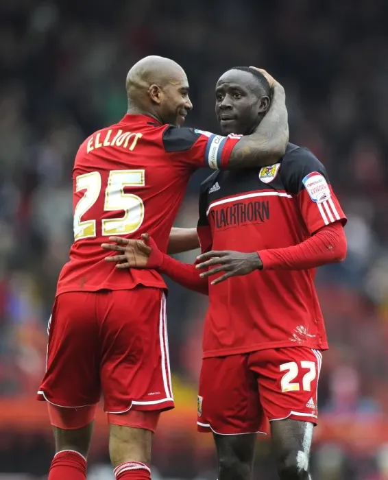 Framed Print : Jubilant Moment: Adomah and Elliott's Goal Celebration for Bristol City against Middlesbrough (09-03-2013) Framed Print : Jubilant Moment: Adomah and Elliott's Goal Celebration for Bristol City against Middlesbrough (09-03-2013)