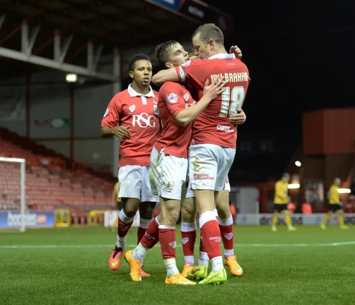Framed Print : Jubilant Moment: Wilbraham and Bryan's Victory Celebration after Bristol City's Win against AFC Wimbledon