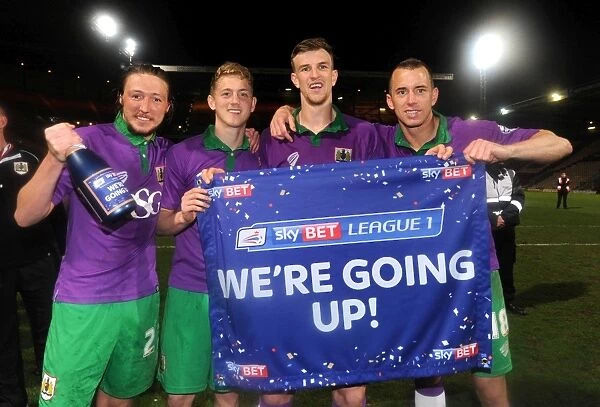 Jubilant Promotion: Bristol City's Luke Ayling, George Saville, Aden Flint, and Aaron Wilbraham Celebrate Historic 0-6 Win over Bradford City (Sky Bet League One)