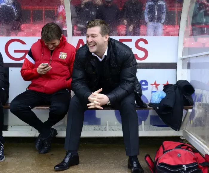 Framed Print : Karl Robinson and MK Dons Bench Share a Light-Hearted Moment Before Bristol City Clash Framed Print : Karl Robinson and MK Dons Bench Share a Light-Hearted Moment Before Bristol City Clash