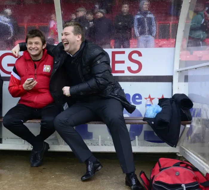 Framed Print : Karl Robinson Shares a Ch Chuckle with MK Dons Bench Before Bristol City Clash Framed Print : Karl Robinson Shares a Ch Chuckle with MK Dons Bench Before Bristol City Clash