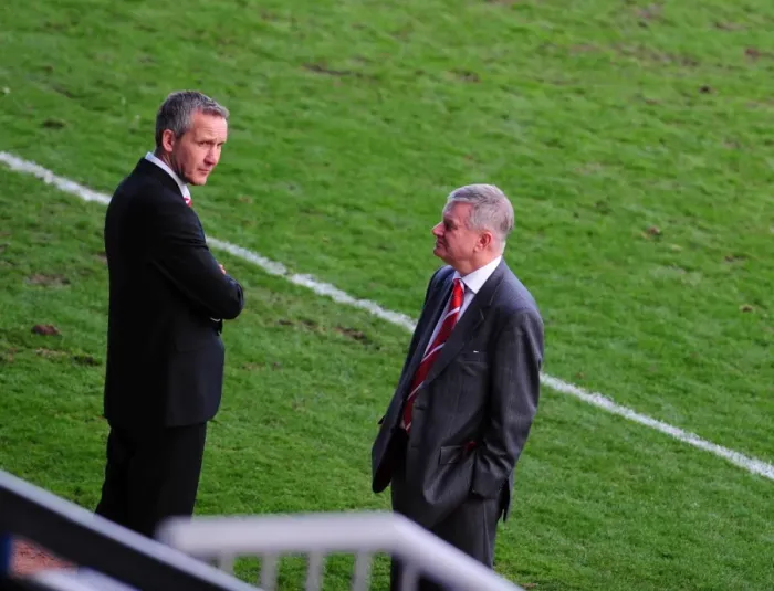 Framed Print : Keith Millen and Steve Lansdown: Celebrating a Hard-Fought One-Nil Win for Bristol City against Peterborough (Championship, 2010)