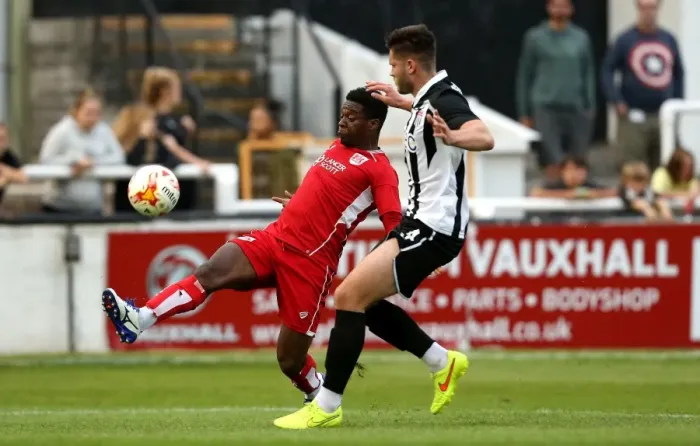 Framed Print : Kieran Agard Breezes Past Bath City's Jack Batten: Pre-Season Friendly Clash at Twerton Park Framed Print : Kieran Agard Breezes Past Bath City's Jack Batten: Pre-Season Friendly Clash at Twerton Park