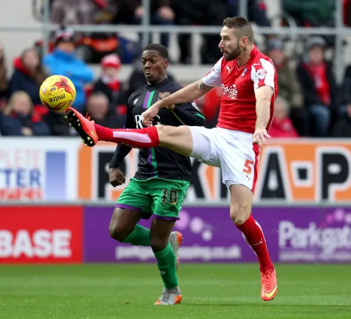 Framed Print : Kieran Agard vs Kirk Broadfoot Clash: Rotherham United vs Bristol City, Sky Bet Championship, 2015