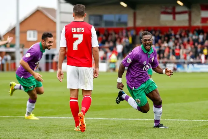Framed Print : Kieran Agard's Brace: Bristol City Takes 1-2 Lead Over Fleetwood Town, 2014