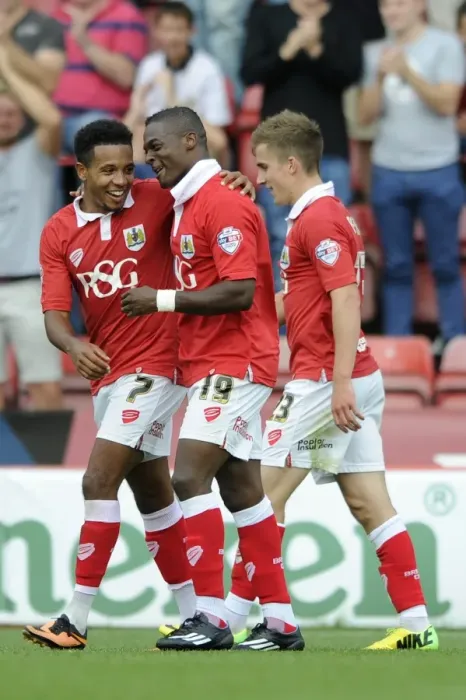 Framed Print : Kieran Agard's First Goal for Bristol City: A Celebration at Ashton Gate against Doncaster Rovers Framed Print : Kieran Agard's First Goal for Bristol City: A Celebration at Ashton Gate against Doncaster Rovers