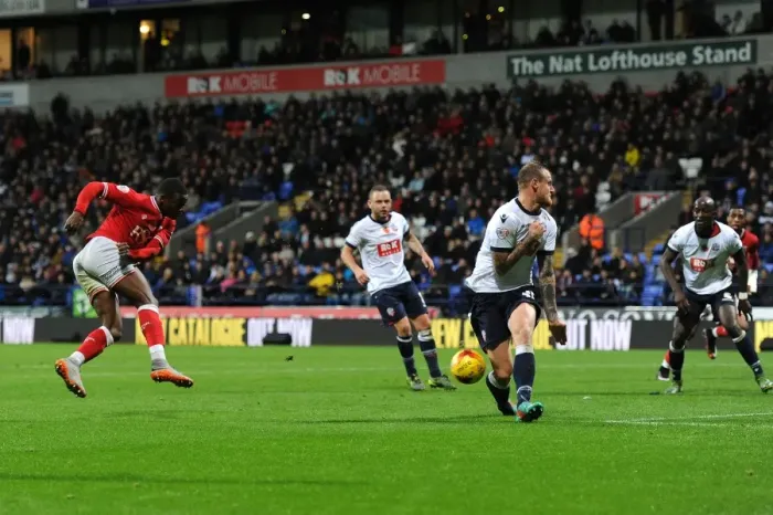 Framed Print : Kieran Agard's Shot for Bristol City Against Bolton Wanderers, Sky Bet Championship, 2015