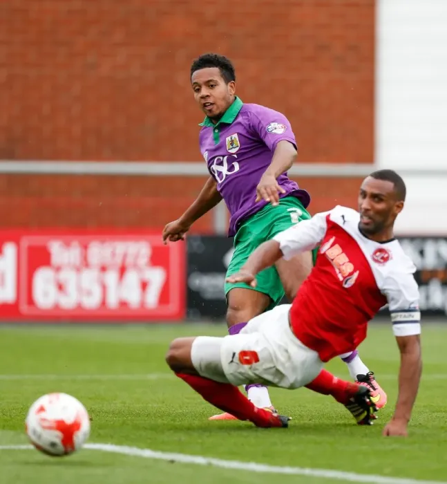 Framed Print : Korey Smith of Bristol City Takes Shot Amidst Challenge from Nathan Pond of Fleetwood Town - Football Rivalry in League 1 Framed Print : Korey Smith of Bristol City Takes Shot Amidst Challenge from Nathan Pond of Fleetwood Town - Football Rivalry in League 1
