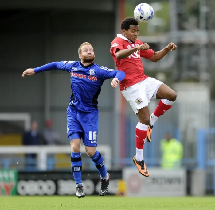 Framed Print : Korey Smith's Headed Goal Under Pressure from Matt Done - Rochdale vs. Bristol City, Sky Bet League One Framed Print : Korey Smith's Headed Goal Under Pressure from Matt Done - Rochdale vs. Bristol City, Sky Bet League One