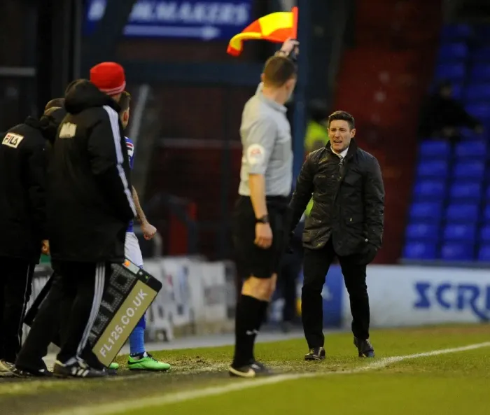 Framed Print : Lee Johnson Pleads for Penalty: Oldham Athletic vs. Bristol City, 08-02-2014