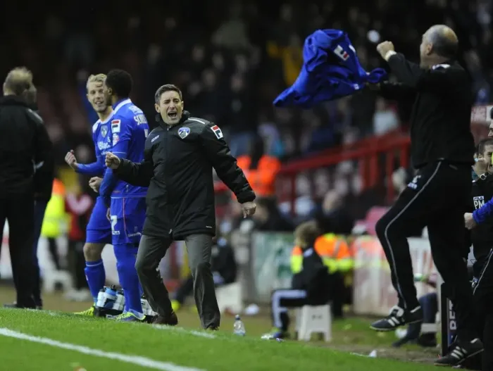 Framed Print : Lee Johnson's Celebration: Bristol City's Victory over Oldham Athletic (November 2013) Framed Print : Lee Johnson's Celebration: Bristol City's Victory over Oldham Athletic (November 2013)