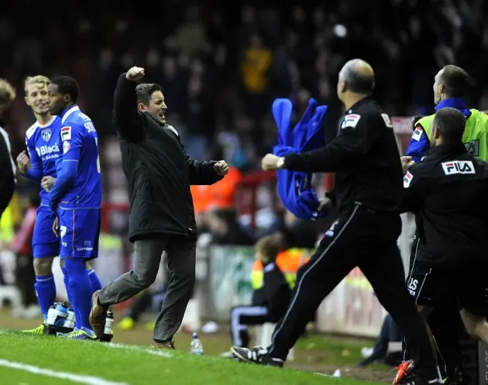 Framed Print : Lee Johnson's Emotional Reaction: Oldham Athletic's Goal Against Bristol City, Sky Bet League One (2013)