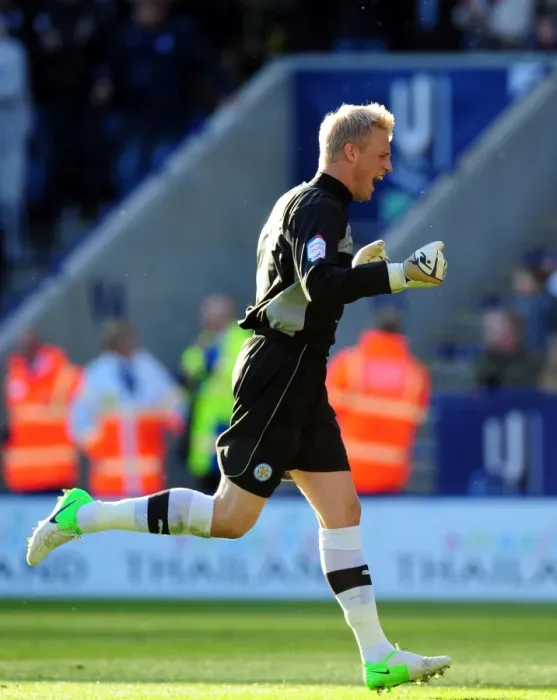 Framed Print : Leicester City's Kasper Schmeichel Celebrates Second Goal vs. Bristol City, Championship Football Match, King Power Stadium (10 / 2012)