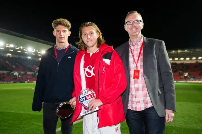 Framed Print : Luke Freeman, Man of the Match: Celebrating with the Sponsor after Bristol City's Win against Nottingham Forest Framed Print : Luke Freeman, Man of the Match: Celebrating with the Sponsor after Bristol City's Win against Nottingham Forest