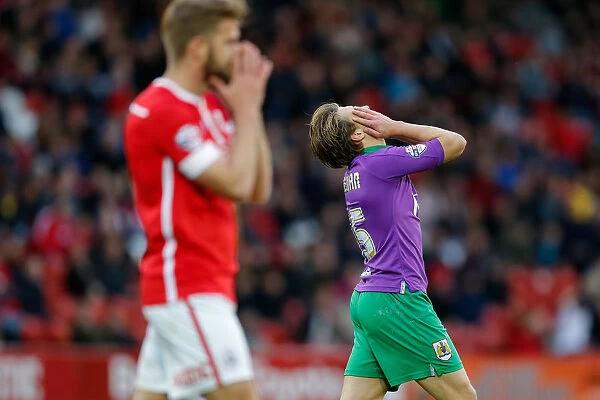 Luke Freeman's Disappointed Reaction After Narrow Miss for Bristol City vs Barnsley, 2014