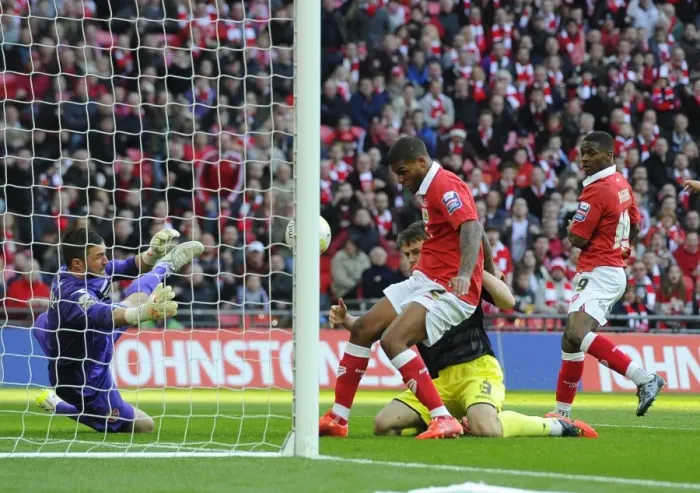 Framed Print : Mark Little Scores the Winning Goal: Bristol City Claims Johnstone's Paint Trophy over Walsall at Wembley Framed Print : Mark Little Scores the Winning Goal: Bristol City Claims Johnstone's Paint Trophy over Walsall at Wembley
