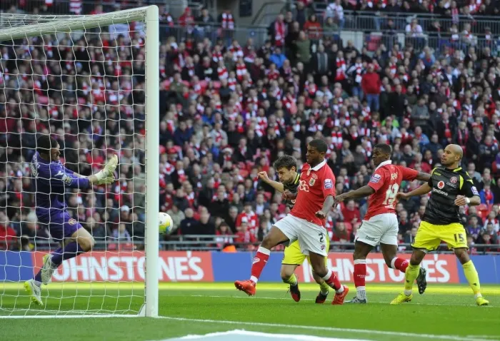 Framed Print : Mark Little Scores the Winning Goal: Bristol City's Johnstone's Paint Trophy Triumph at Wembley