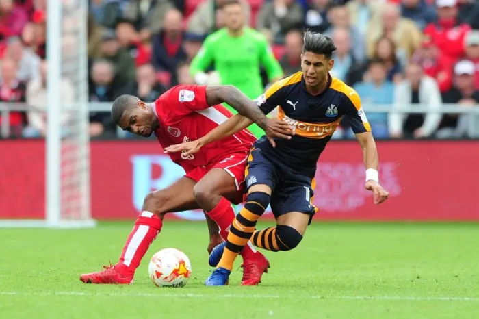 Framed Print : Mark Little vs Ayoze Perez: Clash between Bristol City and Newcastle United Players at Ashton Gate, Sky Bet Championship (2016)