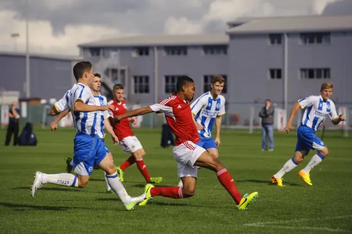 Framed Print : Marley Bishop's Strike: Intense Football Moment from Bristol City U18s vs Brighton & Hove Albion U18s Framed Print : Marley Bishop's Strike: Intense Football Moment from Bristol City U18s vs Brighton & Hove Albion U18s