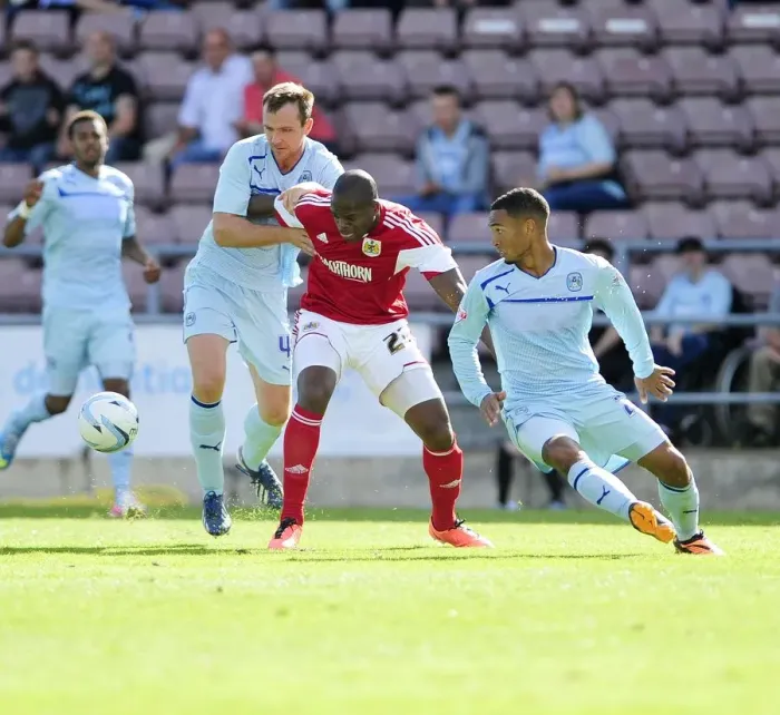 Framed Print : Marlon Harewood vs. Andy Webster: Intense Battle at Sixfields Stadium, Coventry vs. Bristol City, Sky Bet League One
