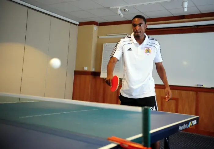 Framed Print : Marlon Jackson of Bristol City FC Practicing Table Tennis During Training Framed Print : Marlon Jackson of Bristol City FC Practicing Table Tennis During Training
