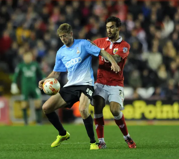 Framed Print : Marlon Pack Closes In: Intense Moment from Bristol City vs Bradford City, 2014