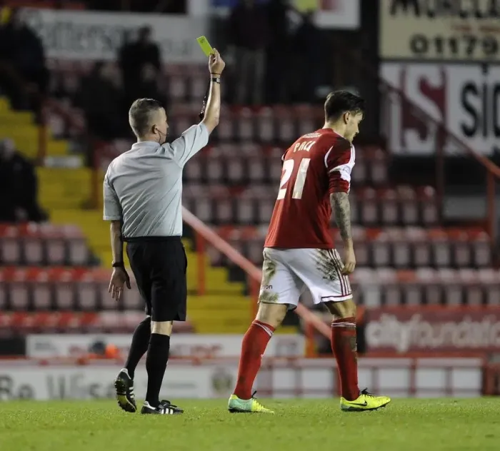 Framed Print : Marlon Pack Receives Yellow Card in Bristol City vs Walsall Football Match, December 2013
