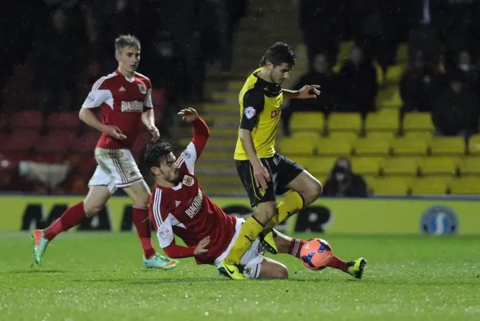 Framed Print : Marlon Pack Tackles Marco Davide Faraoni in FA Cup Third Round Replay: Watford vs. Bristol City