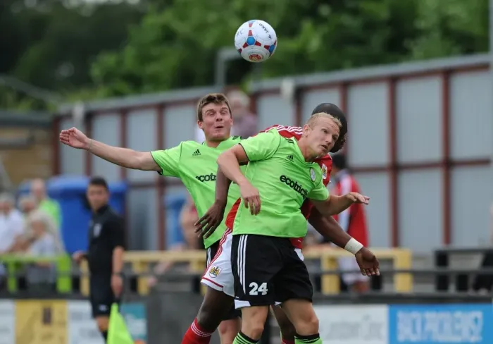 Framed Print : Maron Harewood vs Marcus Kelly and Chris Stokes: A High Ball Battle in Forest Green Rovers vs Bristol City Preseason Match, 2013 Framed Print : Maron Harewood vs Marcus Kelly and Chris Stokes: A High Ball Battle in Forest Green Rovers vs Bristol City Preseason Match, 2013