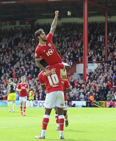 Maron Pack and Jay Emmanuel-Thomas: A Dynamic Duo Celebrates a Goal for Bristol City against Walsall, Sky Bet League One, May 2015
